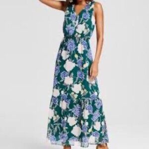 Merona Green Floral Maxi Chiffon Dress Womens XXL Cottagecore Flowy Maxi Party
